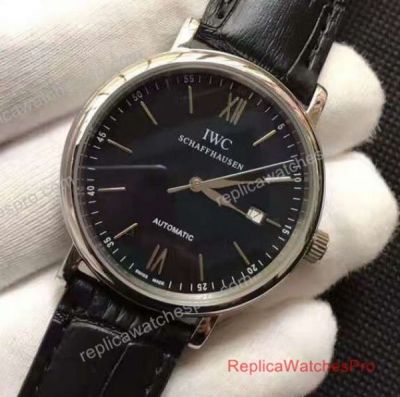 IWC Portofino Replica Watch SS Black Dial 40mm Leather Strap